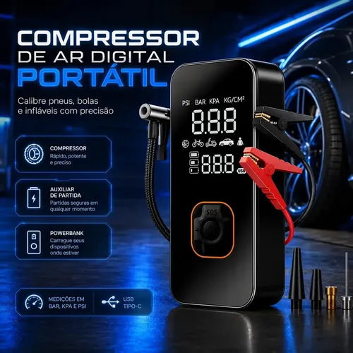 Bomba Elétrica Portátil Digital Para Encher Pneu De Carro