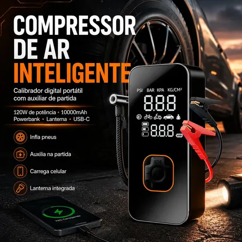 Compressor de Ar com Auxiliar de Partida e Powerbank
