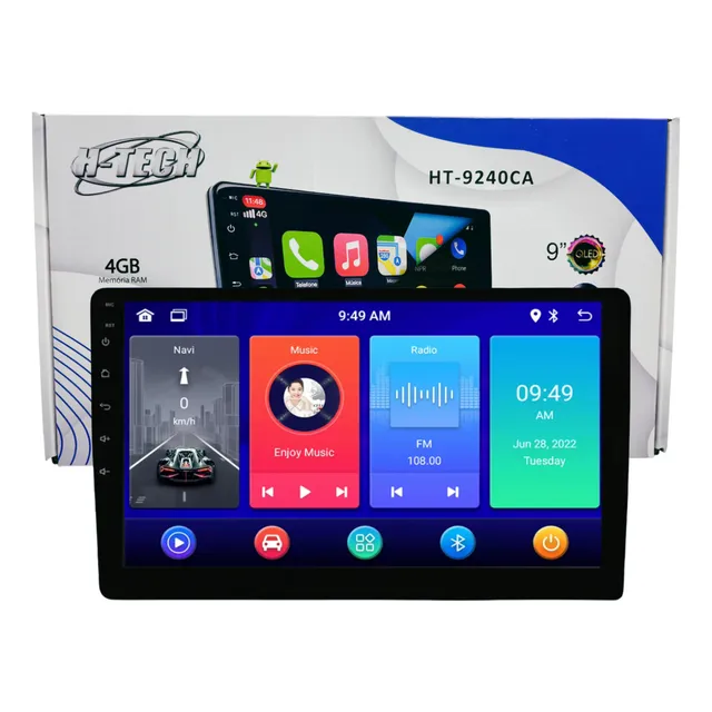 Multimídia Android H-tech 9 polegadas Slim QLED Full Touch CarPlay Wi-fi Bluetooth 4x60W 4GB 64GB GPS